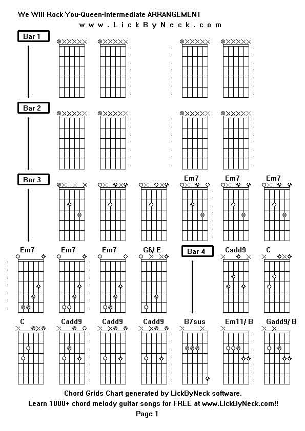 Chord Grids Chart of chord melody fingerstyle guitar song-We Will Rock You-Queen-Intermediate ARRANGEMENT,generated by LickByNeck software.